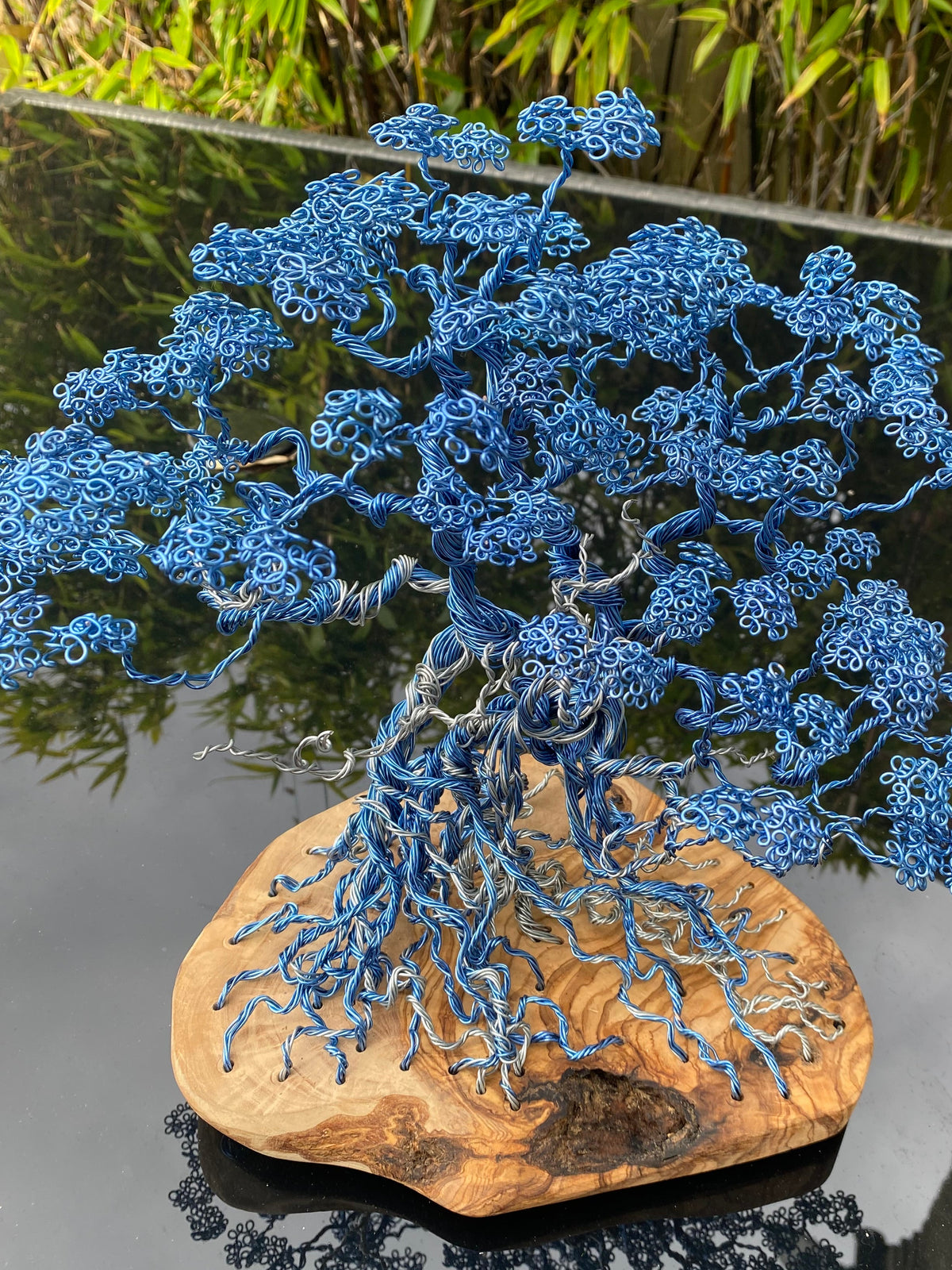 Blue Copper Bonsai Attached To Olive Wood Copper/steel wire