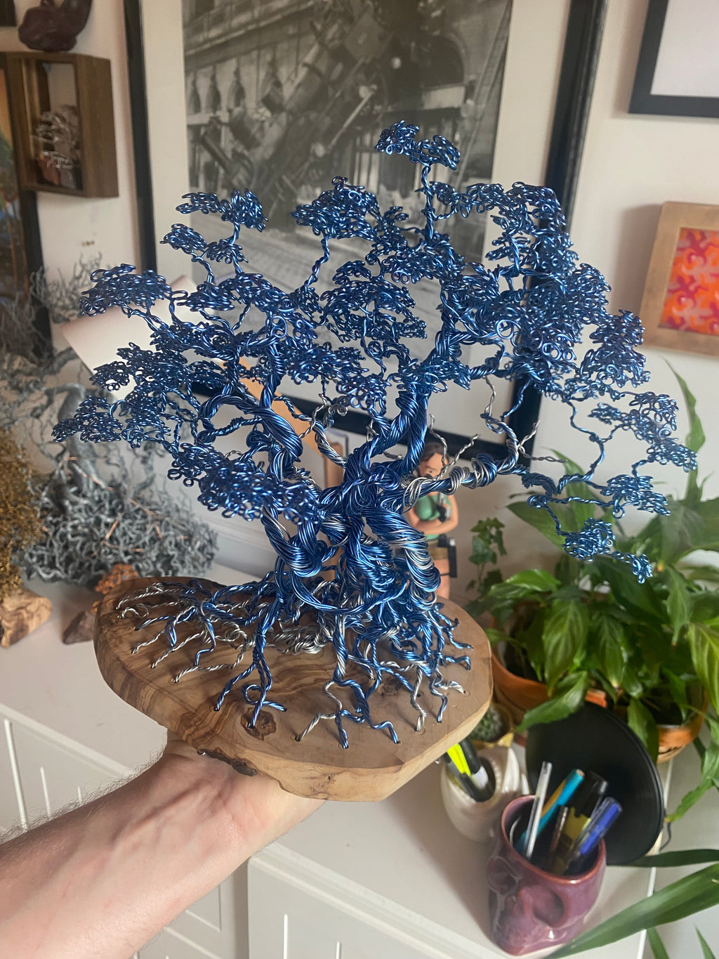 Blue Copper Bonsai Attached To Olive Wood Copper/steel wire