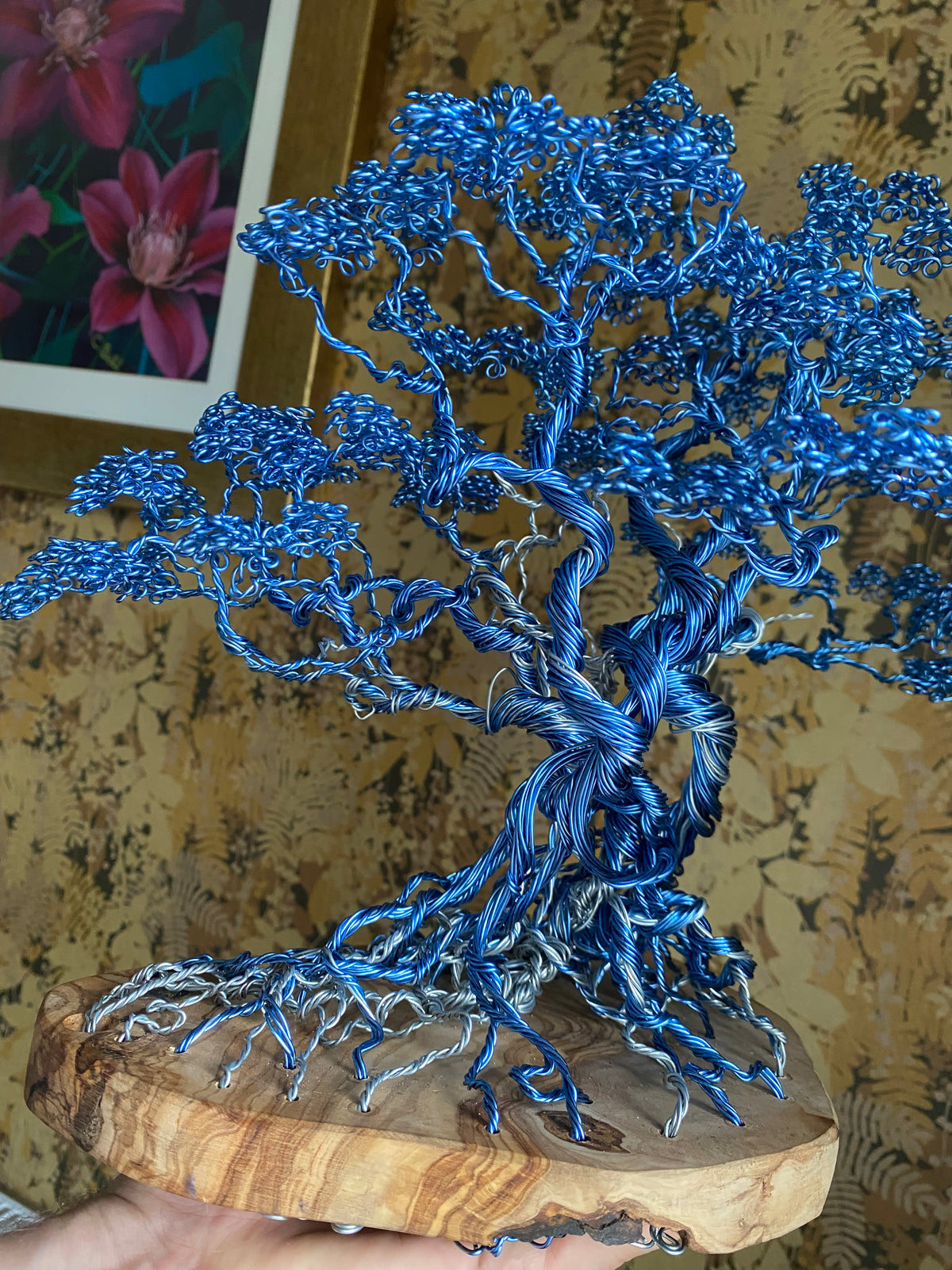 Blue Copper Bonsai Attached To Olive Wood Copper/steel wire