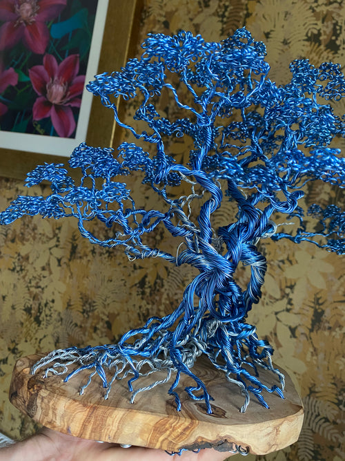 Blue Copper Bonsai Attached To Olive Wood Copper/steel wire