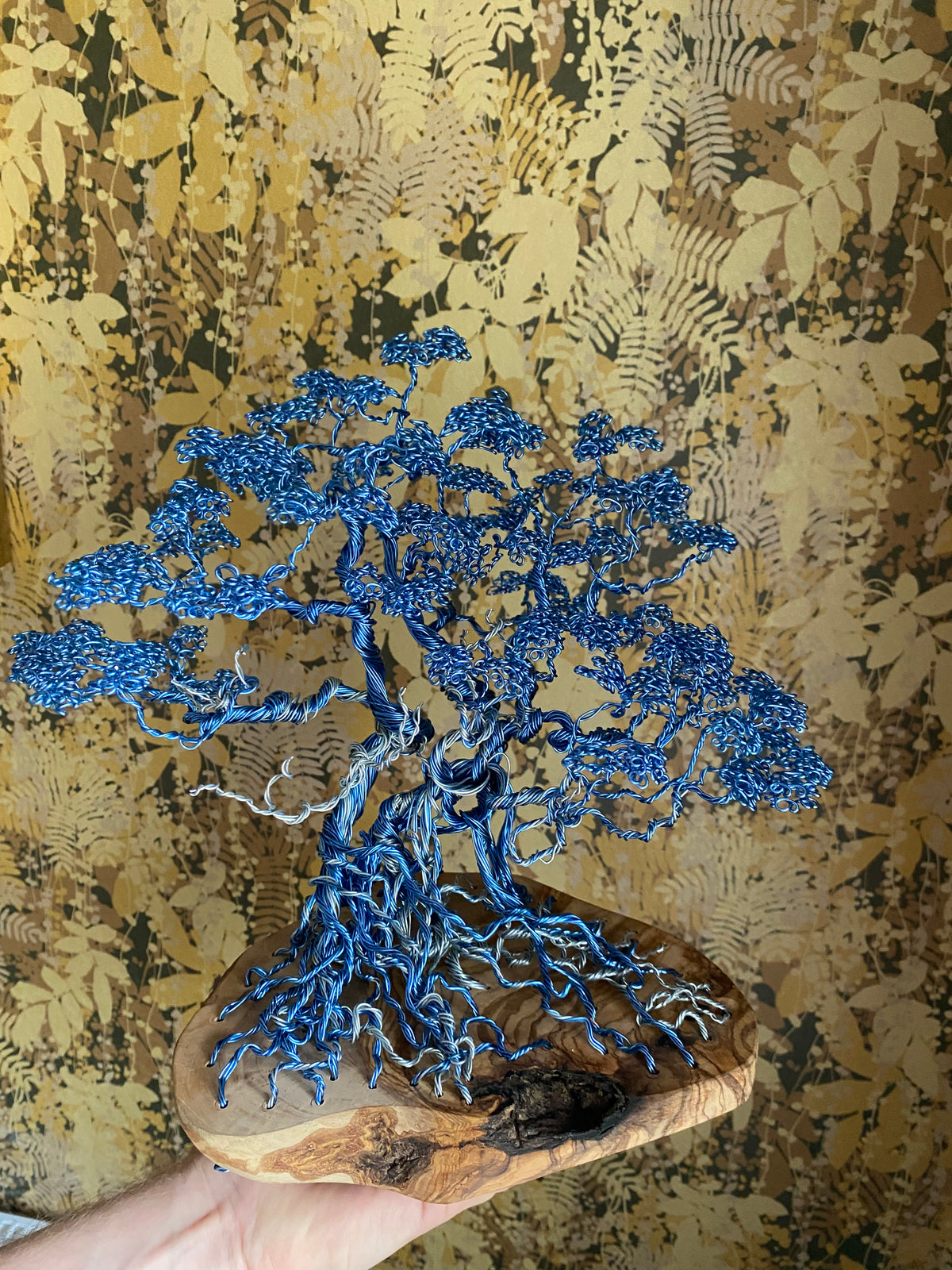 Blue Copper Bonsai Attached To Olive Wood Copper/steel wire