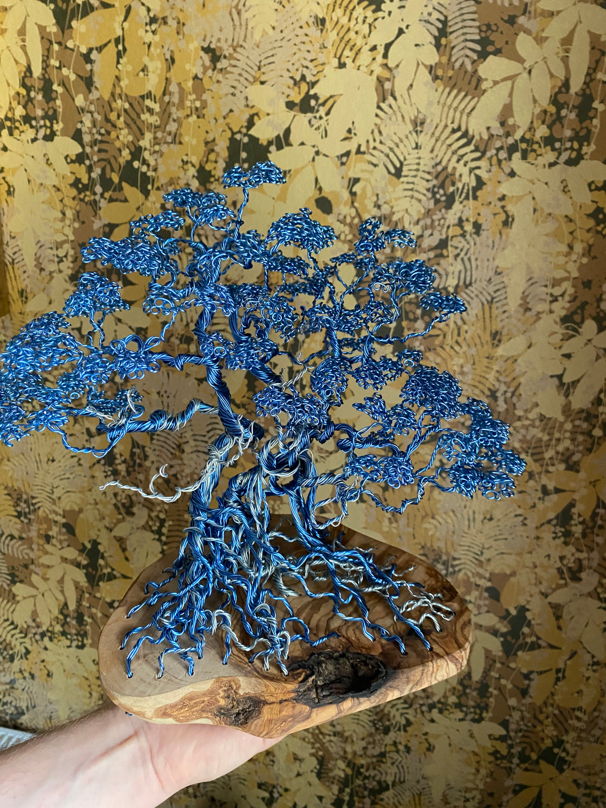 Blue Copper Bonsai Attached To Olive Wood Copper/steel wire