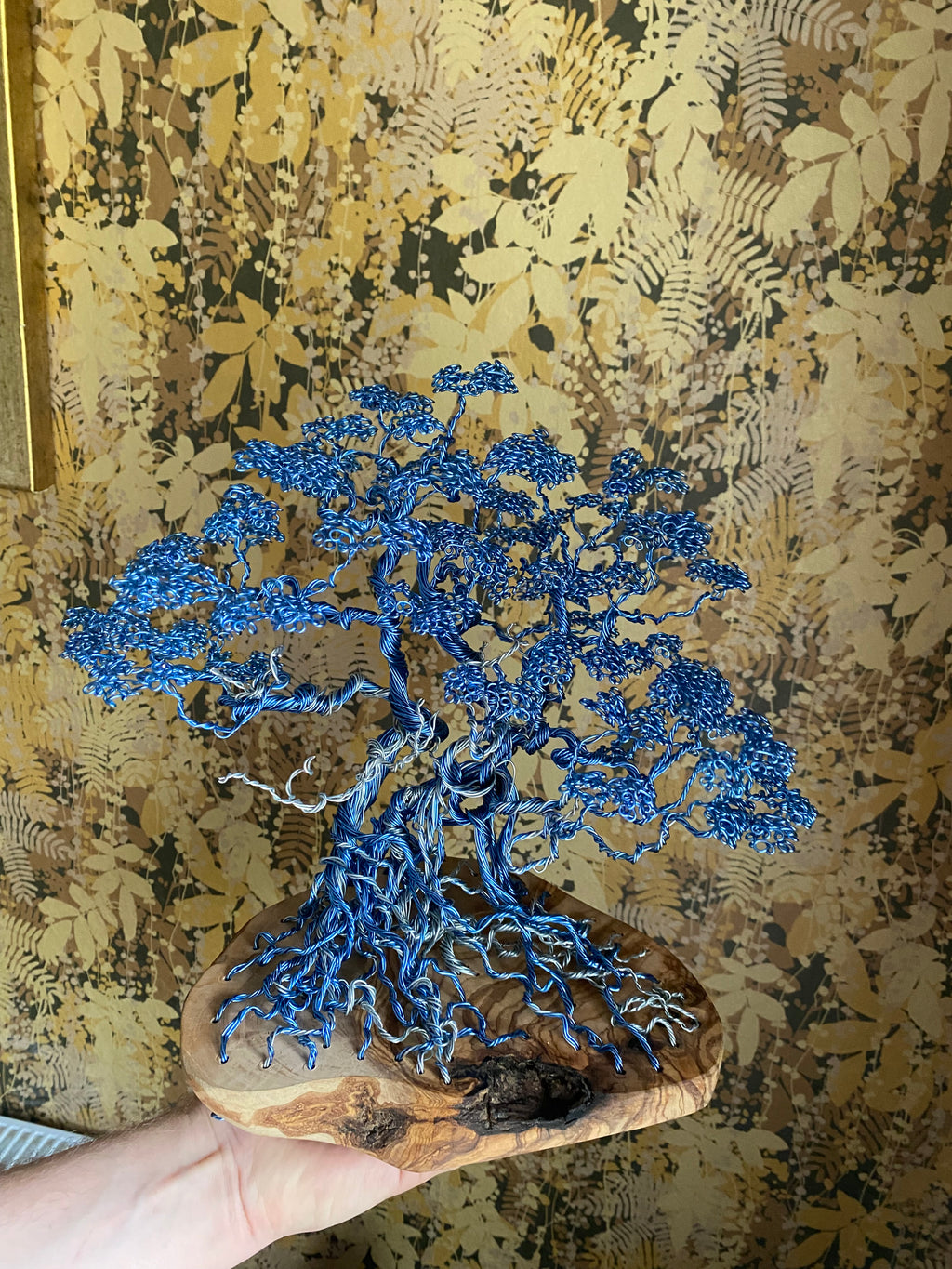 Blue Copper Bonsai Attached To Olive Wood Copper/steel wire