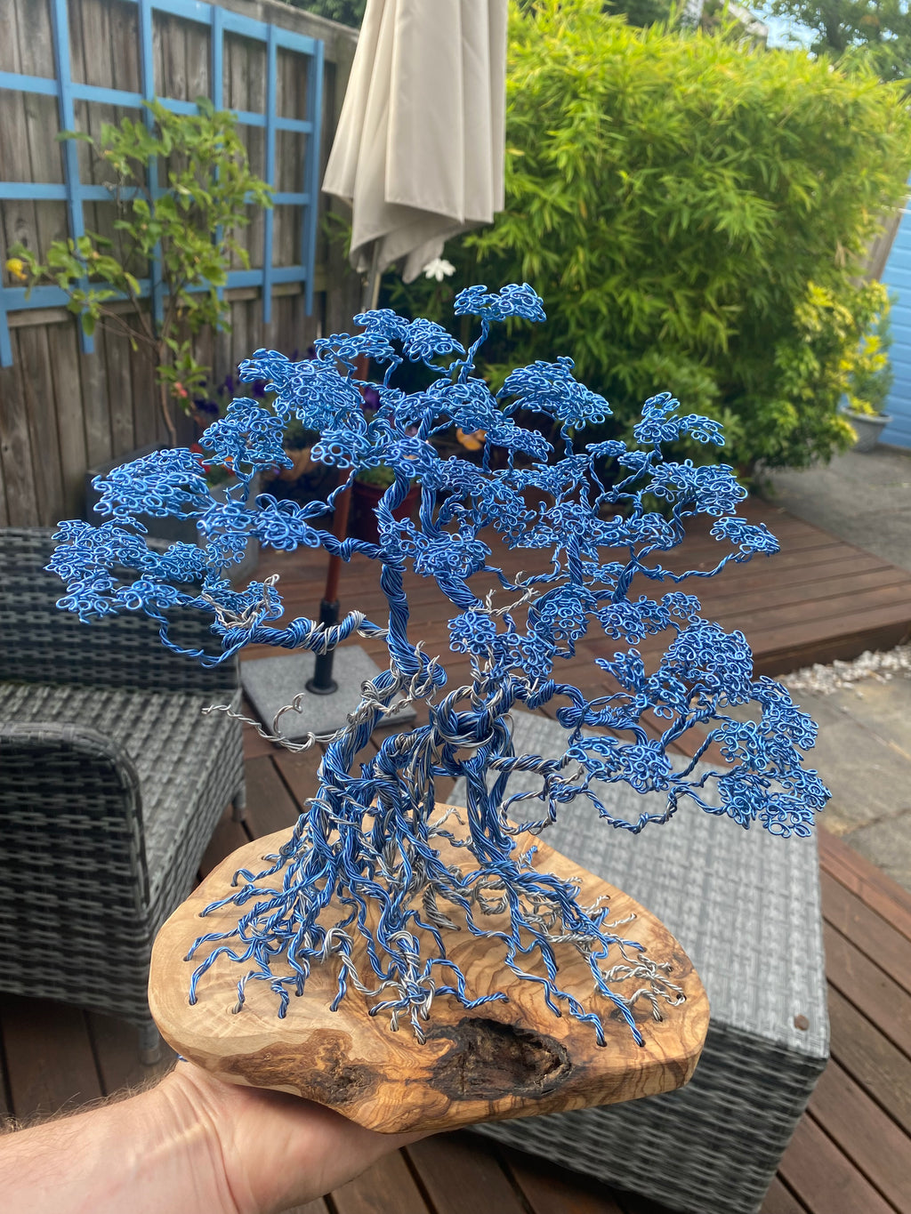 Blue Copper Bonsai Attached To Olive Wood Copper/steel wire
