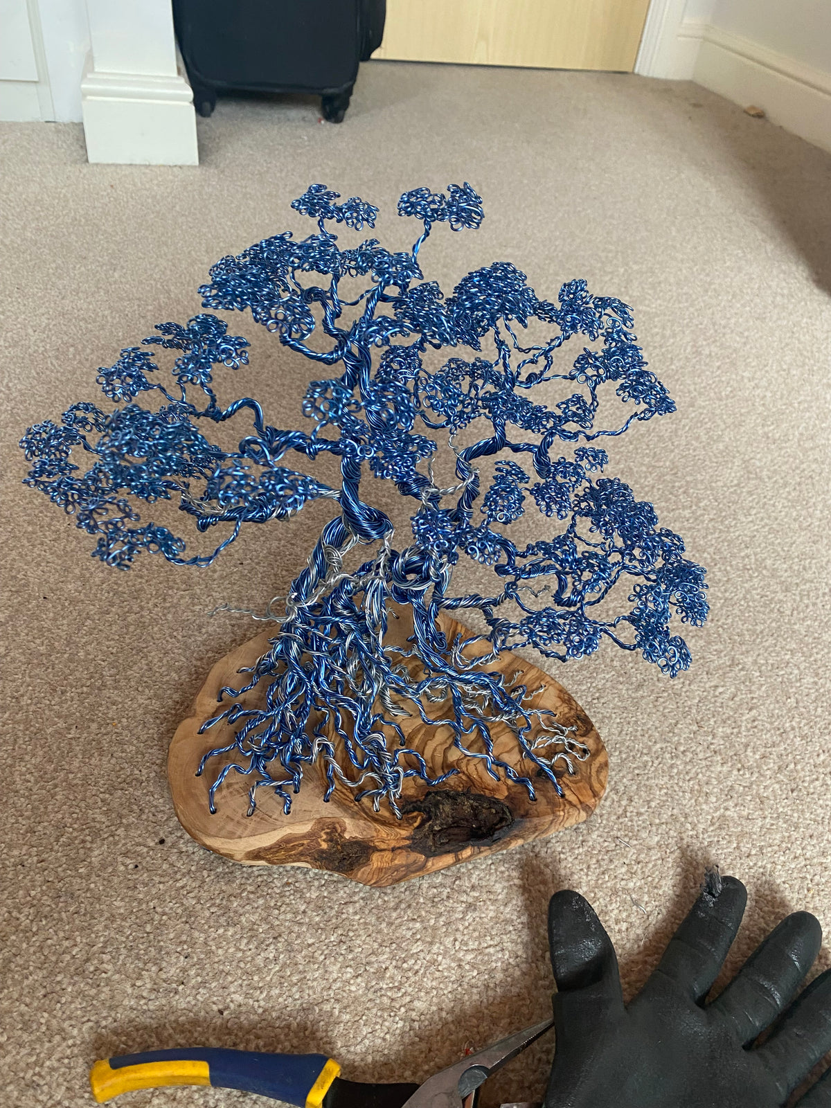 Blue Copper Bonsai Attached To Olive Wood Copper/steel wire