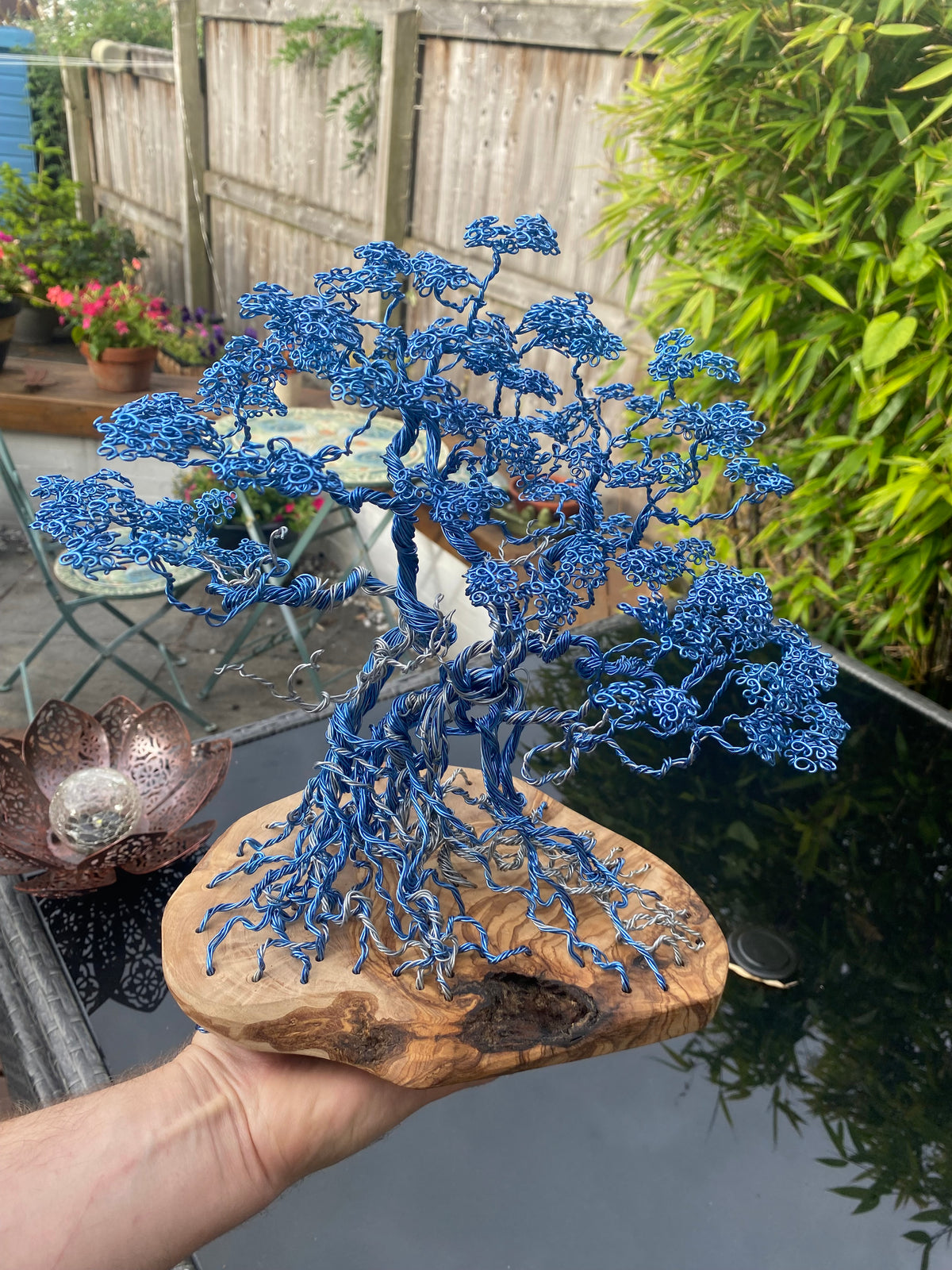 Blue Copper Bonsai Attached To Olive Wood Copper/steel wire