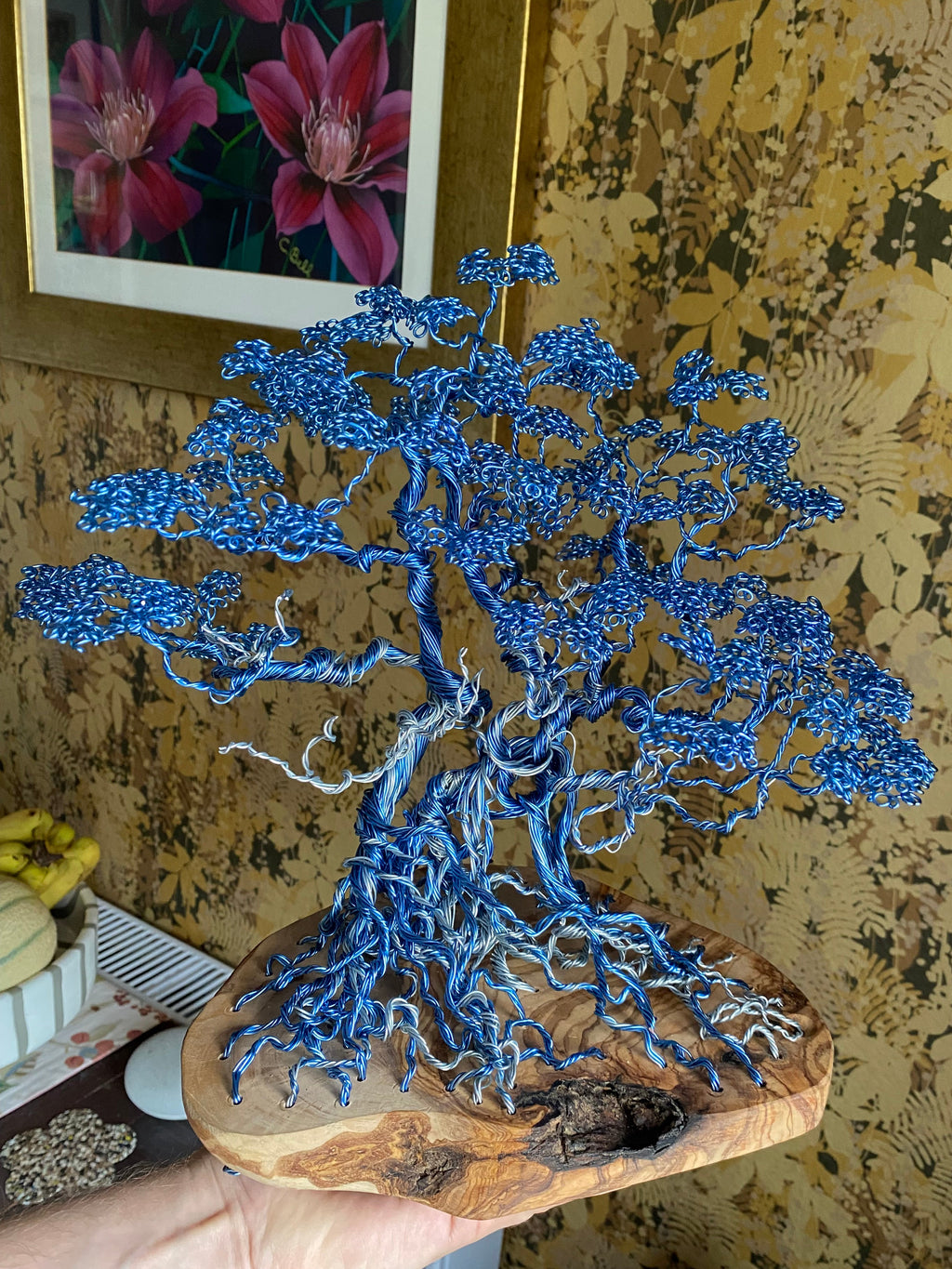 Blue Copper Bonsai Attached To Olive Wood Copper/steel wire
